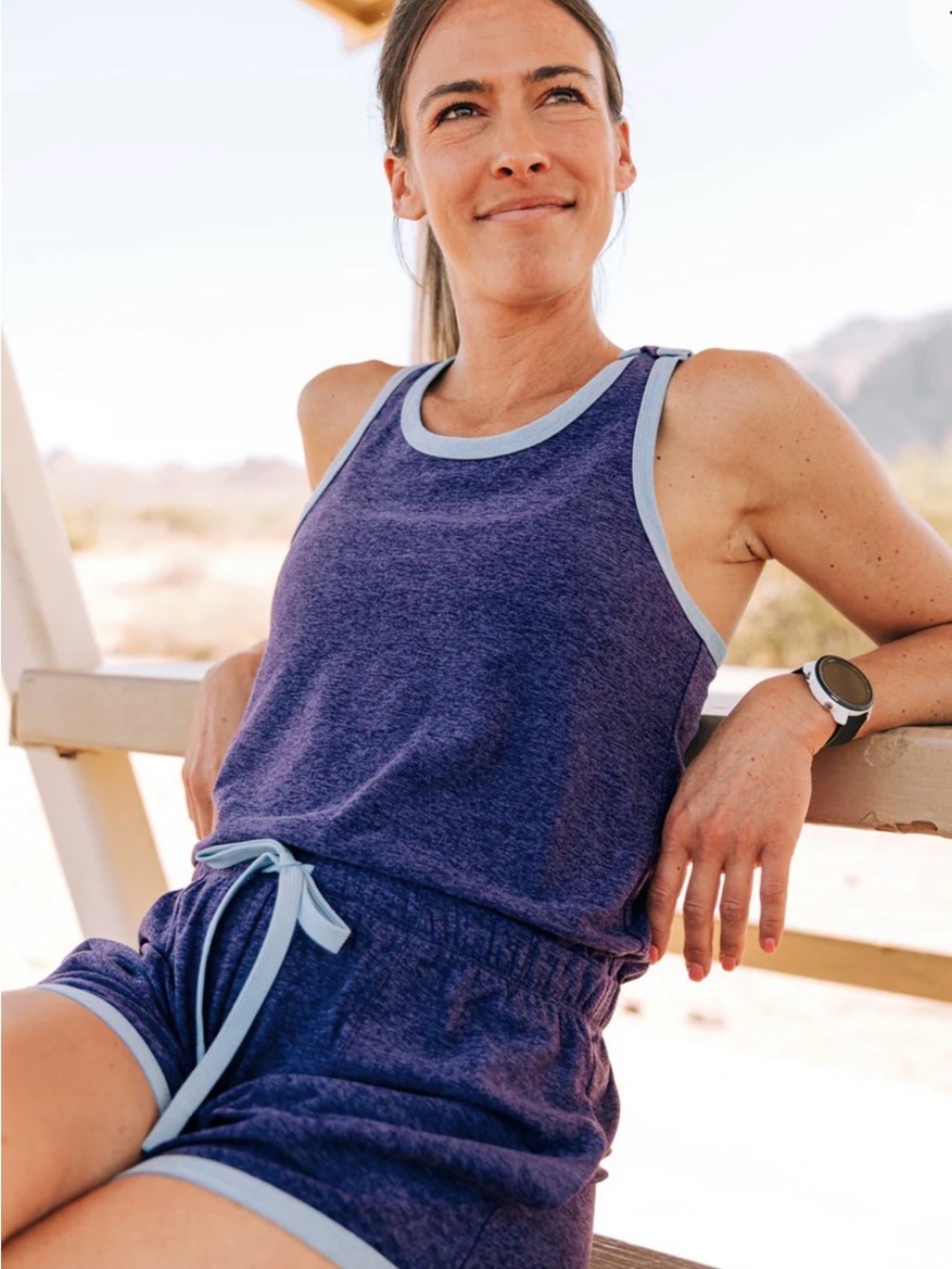 oiselle Purple Tank Romper with Light Blue Trim NWOT